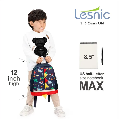 Vista 2 de LESNIC Mochila de dinosaurio para niños con correa, hebillas en la parte delantera, mochila mediana certificada por CPC para niños y niñas de 1 a 6