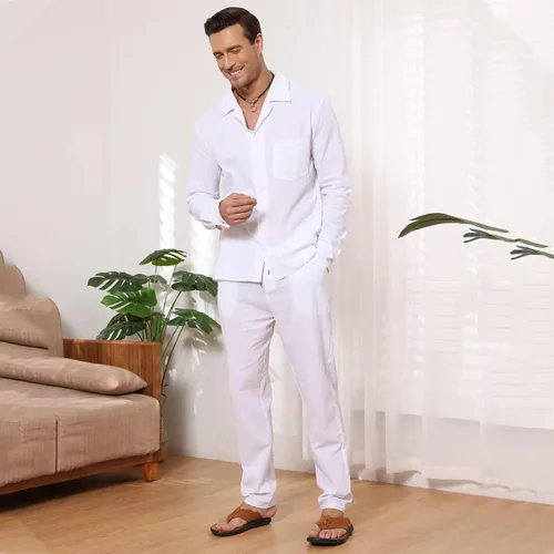 Vista 3 de EndoraDore Men's Outfits Linen Button Down Long Sleeve Shirt And Casual Beach Drawstring Waist Pants 2 Piece Set