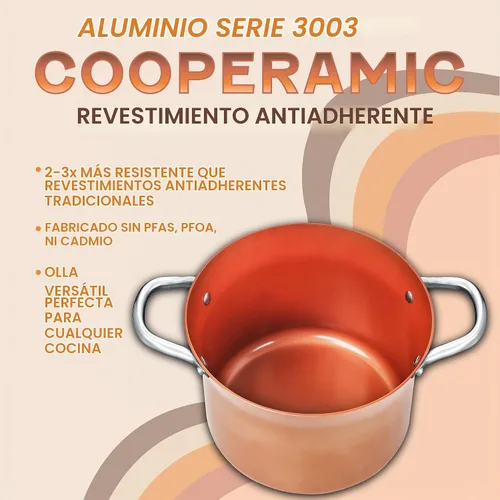 Vista 3 de CONCORD Juego de ollas de 6.6 litros de cobre con revestimiento antiadherente, olla de cazuela de la serie Coppe-Ramic, utensilios de cocina