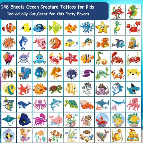Vista 2 de CHARLENT 148 tatuajes temporales de animales oceánicos para niños, tatuajes individuales de criaturas marinas para niños y niñas, regalos de fiesta