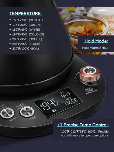 Vista 4 de Hervidor eléctrico de cuello de cisne con control de temperatura, hervidor eléctrico para café y té, interior de acero 100% inoxidable