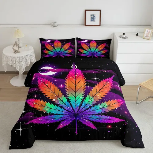 Vista 3 de Erosebridal Juego de edredón de hojas de cannabis, juego de ropa de cama de marihuana con estampado colorido de plantas, decoración bohemia de 2