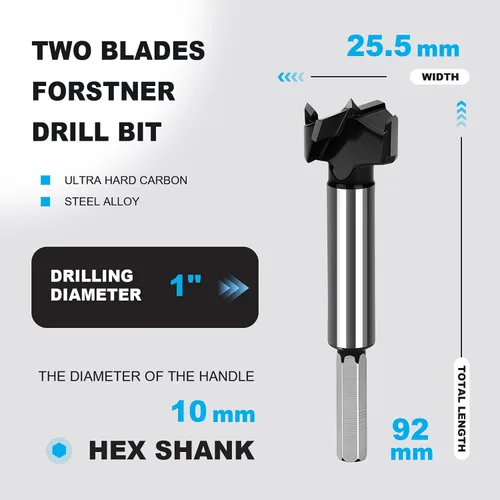 Vista 2 de Broca Forstner de 1 pulgada con punta de carburo para carpintería Bisagra Cortador