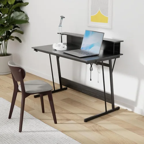Vista 2 de VASAGLE ULWD092B56 - Escritorio LED para juegos con tomas de corriente, escritorio de computadora con puertos USB, escritorio de oficina con soporte