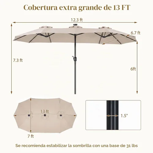 Vista 6 de Tangkula Sombrilla solar de patio de 13 pies, sombrilla de doble cara extra grande para mesa de mercado al aire libre con 36 luces LED, mango
