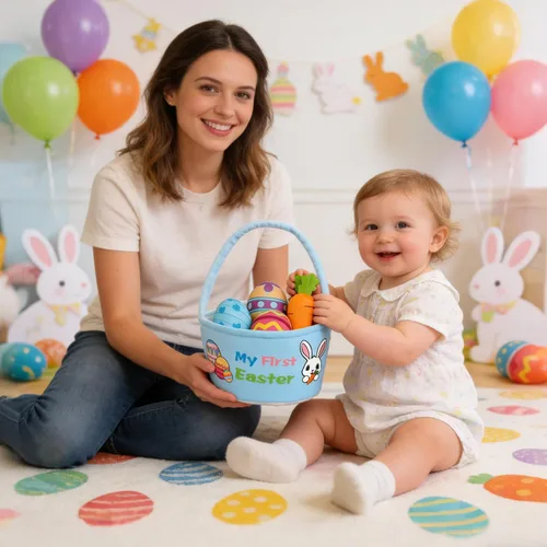 Vista 4 de Juego de 5 cestas de peluche para conejito de Pascua, cubos de Pascua con huevos de Pascua, cesta de caza para regalos de fiesta de Pascua, bolsas