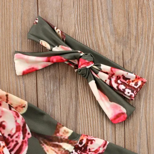 Vista 5 de Mameluco de manga larga con diseño de flores de encaje para bebé, color liso, conjunto de ropa con diadema