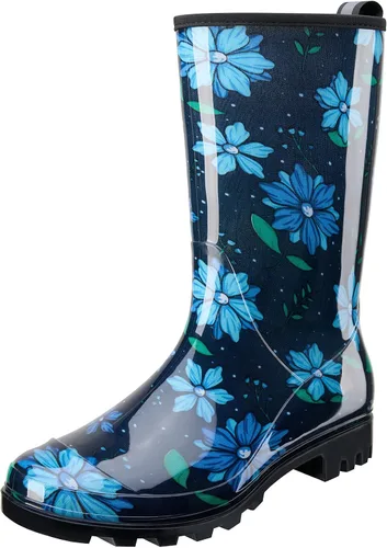Vista 7 de HISEA - Botas de lluvia para mujer, impermeables, a media pantorrilla, botas de jardín para mujer Abeja azul