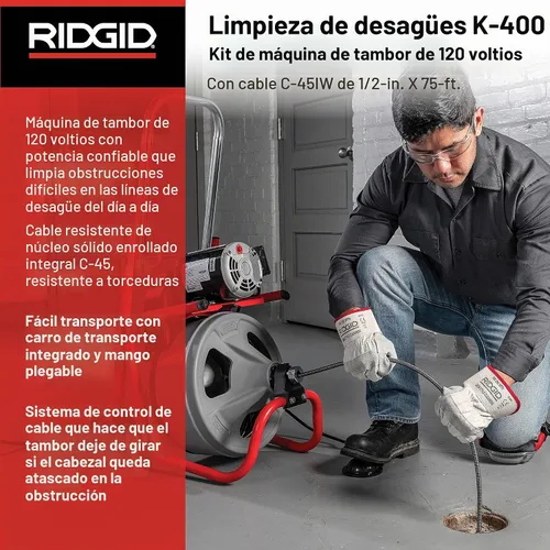 Vista 2 de RIDGID 26998 Modelo K-400 Kit de Máquina de Tambor de Limpieza de Drenaje de 120 Voltios con Cable C-45IW de 1/2" x 75', Blanco, Negro, Rojo