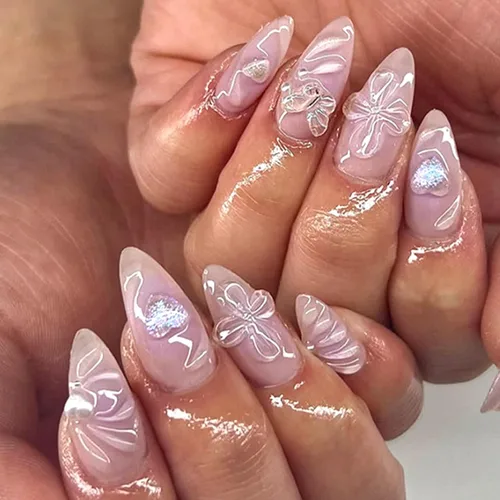 Vista 34 de Uñas postizas a presión con punta francesa, uñas postizas medianas con flores 3D, concha de perla, diseño de estrellas de mar, uñas blancas a