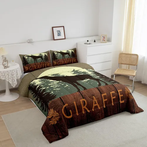 Vista 3 de Castle Fairy Cute Giraffe Bedding Set Twin Size 2 Pcs,Lodge Cabin Jungle Rustic Style Comforter Set for Kids Teens Adults,Wild Animal Pine Trees