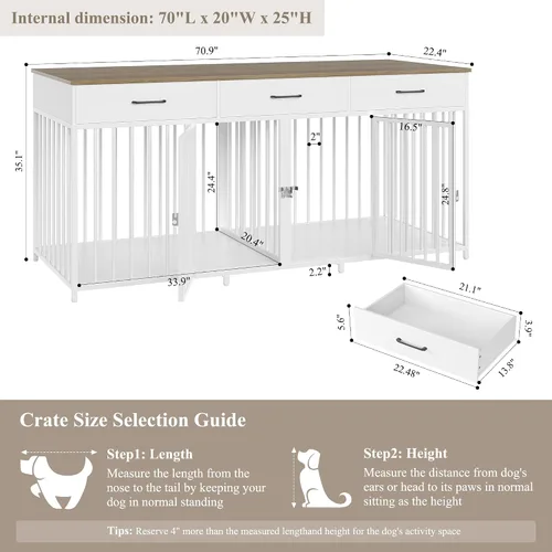 Vista 4 de HOSTACK Muebles de Jaulas Dobles para Perros, Perrera Interior de 71 Pulgadas de Ancho con 3 Cajones, Jaula para Perros Estilo Granja para 2 Perros