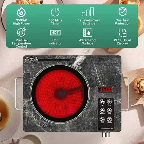 Vista 2 de 3500W Single Ceramic Hob with Marble Finish, Portable Infrared Hot Plate with Rotary Control, Safety Lock & Timer, Electric Cooker Compatible with