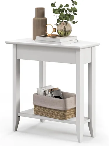 Vista 12 de GIANTEX Mesa auxiliar de cuña, mesa auxiliar triangular con estante de almacenamiento y patas de madera maciza, mesa reclinable, mesita de noche