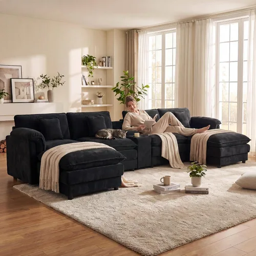 Vista 7 de Sofá seccional en forma de U, 151 pulgadas, sofás seccionales negros grandes y cómodos para sala de estar, sofás modulares modulares esponjosos