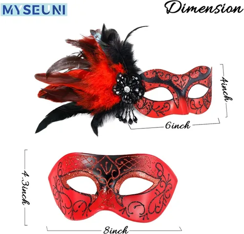 Vista 6 de Máscara roja para parejas, máscaras de máscaras para mujeres con plumas y máscara veneciana para hombre para fiesta de máscaras, Mardi Gras
