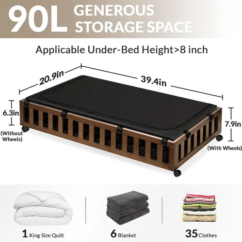 Vista 2 de Gashell Paquete de 2 Almacenamiento de Bambú Bajo la Cama con Ruedas, 39"x20"x7.8" Contenedores de Almacenamiento Grandes Bajo la Cama (Marrón)