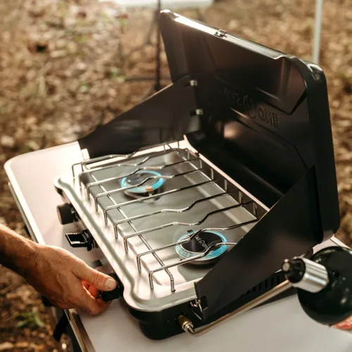 Vista 6 de GasOne - Estufa portátil de campamento – Estufa de propano doble con encendido automático de giro – 22,000 BTU con 2 quemadores y protector contra