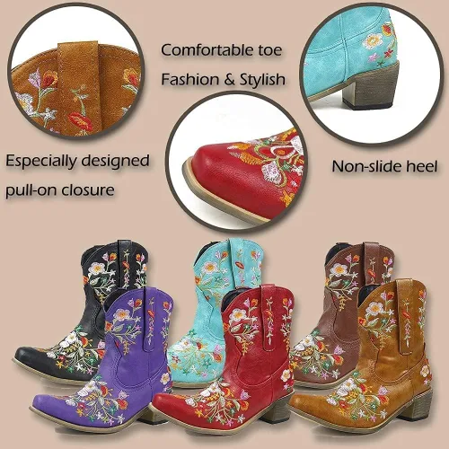 Vista 6 de Vimisaoi Botas de tobillo para mujer, estilo retro, puntiagudas, tacón medio, bordadas, vaquera occidental, botas vaqueras