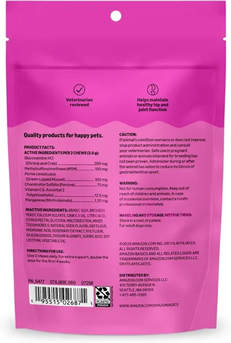 Vista 8 de Amazon Basics Suplemento diario masticable para cadera y articulaciones para perros con glucosamina, MSM y vitamina C, sabor a pato, 60