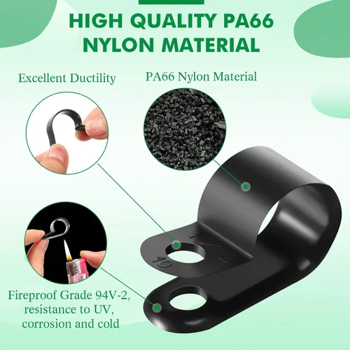 Vista 4 de Hicarer Paquete de 50 abrazaderas de cable tipo R, clips de sujeción de cable de montaje de tornillo de nailon con 50 tornillos para gestión de Negro