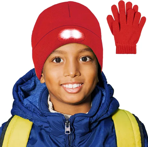 Vista 11 de HEAD LIGHTZ by Roq Innovation - Kids Beanie with Light & Glove Set - Unisex LED Beanie Hat with Light Built in, Rechargeable