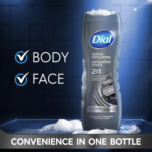 Vista 2 de Dial Men 2 en 1 Jabón para cuerpo y cara, Carbón Activado, 16 fl oz, paquete de 4, Jabón exfoliante suave para cuerpo con tecnología de enjuague