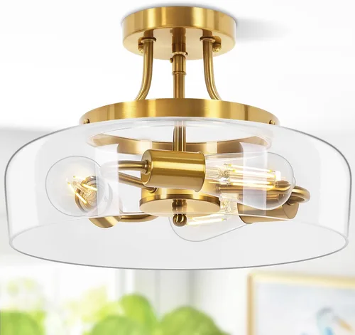 Vista 12 de Lámpara de techo industrial moderna semiempotrada con pantalla de vidrio transparente, lámpara de techo negra de 3 bombillas para cocina