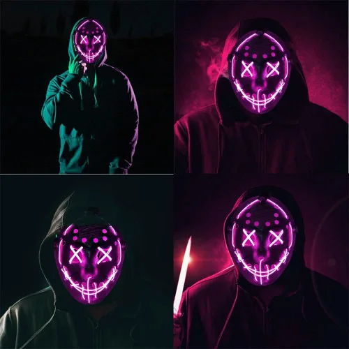 Vista 6 de Máscara de la Purga con luz LED Jason, máscara de miedo de Halloween para niños, adultos, hombres y mujeres, fiesta de festival de Halloween
