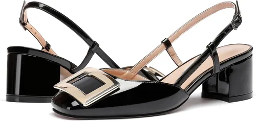 Vista 6 de WAYDERNS Zapatos de vestir para mujer con punta cuadrada y hebilla rectangular de metal, con espalda abierta, gruesos y de tacón bajo, de 2