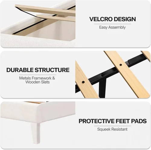 Vista 5 de Lihimte Marco de cama tamaño matrimonial con luces LED, base de cama plataforma tapizada en terciopelo con cabecero y estribo abotonado, soporte