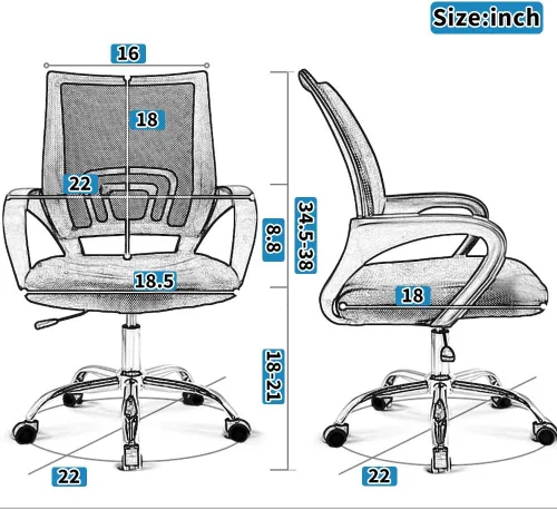 Vista 3 de Silla de escritorio para computadora, ergonómica, respaldo medio, silla de malla con soporte lumbar y reposabrazos, moderna, altura ajustable Negro