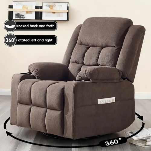 Vista 3 de Silla reclinable giratoria con masaje y calefacción, portavasos, sillón reclinable deslizante para adultos, tela suave, sala de estar, silla