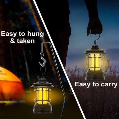 Vista 6 de Faroles LED para campamento, estilo vintage, color negro, paquete de 2 Recargable, portátil, atenuación continua, impermeable IP44, luz colgante