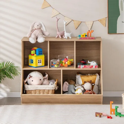 Vista 9 de Kids Bookshelf and Toy Organization,5 Cubby Open Wooden Playroom Organization and Storage, Toddler Bookshelf for Kid’s Room Bedroom Nursery