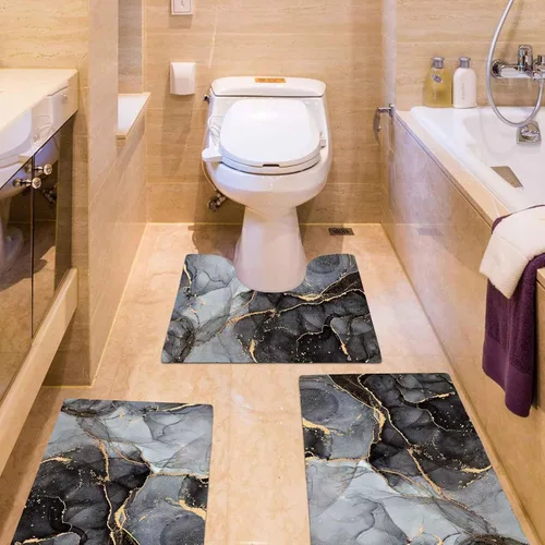 Vista 2 de EMMTEEY Juego de alfombras de baño de 3 piezas, alfombra de baño de mármol negro, gris y dorado, antideslizante, absorbente, para debajo