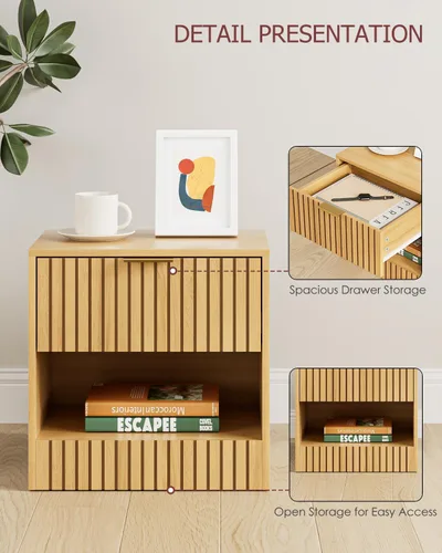 Vista 4 de Mesita de noche pequeña, mesita de noche moderna, mesita de noche con cajón y estante abierto, diseño de cubo, mesa auxiliar pequeña
