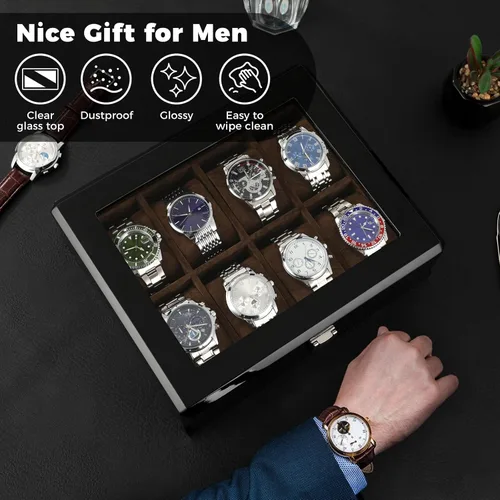 Vista 3 de Caja de reloj de madera con acabado lacado, organizador de relojes para hombre de 8 ranuras con parte superior de cristal, lujosa caja de exhibición