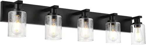 Vista 12 de Luces de tocador de baño de 3 luces sobre espejo en acabado negro, iluminación de pared de baño con vidrio cilíndrico sembrado