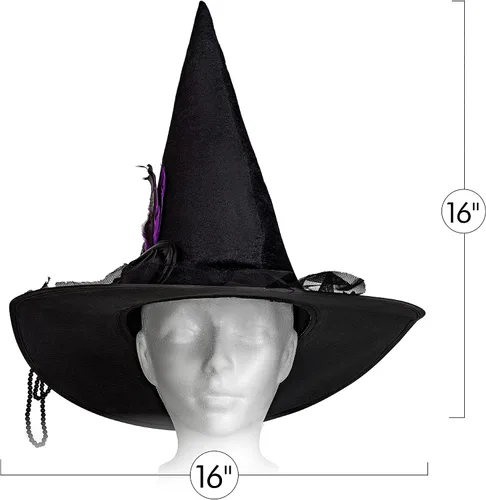 Vista 6 de Skeleteen Sombrero de bruja puntiagudo de lujo, accesorios glamorosos de brujas negras, sombrero de terciopelo elegante con flores, cuentas y plumas
