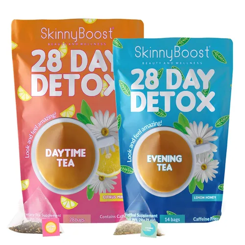 Vista 13 de SkinnyBoost - Kit de té desintoxicante de 2 paquetes – 1 de día HIBISCO (28 bolsas) + 1 de noche MANZANA CANELA (14 bolsas) – Desintoxicación herbal