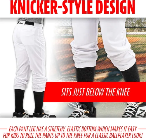 Vista 2 de Franklin Sports Pantalones de béisbol y sóftbol juveniles, hasta la rodilla + pantalones de béisbol de ajuste relajado para niños, color blanco