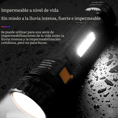 Vista 2 de Linterna LED solar / recargable multifunción de 1000 lúmenes, con luz estroboscópica de emergencia y batería de 1200 Mah, fuente de alimentación