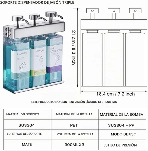 Vista 7 de Champú acondicionador dispensador de jabón de baño 3 botellas