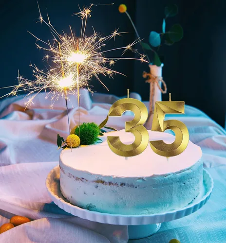 Vista 5 de Decoraciones de cumpleaños número 35 para mujeres y hombres, velas doradas de cumpleaños de 35 y 53