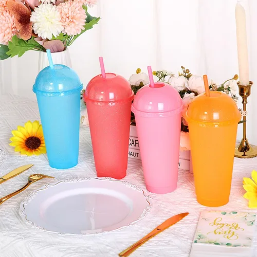 Vista 4 de Hsei - Paquete de 24 vasos helados reutilizables con purpurina con tapas de cúpula y pajitas, vaso de plástico de 24 onzas, taza de café helado