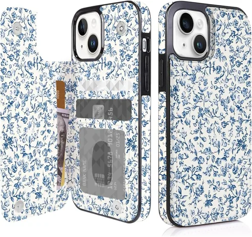 Vista 31 de Funda compatible con iPhone 14/15 con tarjetero y ranuras integradas de piel sintética con función atril y a prueba de golpes para iPhone 14/15