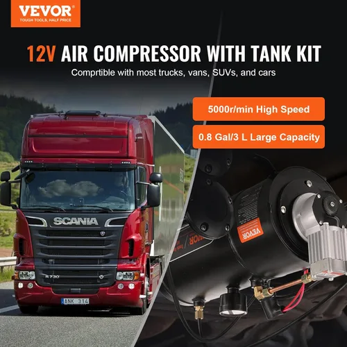Vista 2 de VEVOR Compresor de aire de 12 V con tanque de 0.8 galones/3 L, compresor de aire de bocinas de tren, sistema de compresor de aire a bordo de 120 psi