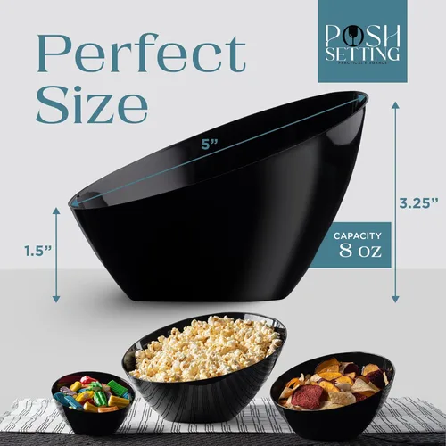 Vista 4 de Posh Setting Cuencos desechables de plástico negro, cuencos en ángulo, cuenco para dulces en ángulo, aperitivos de plástico y cuencos para papas
