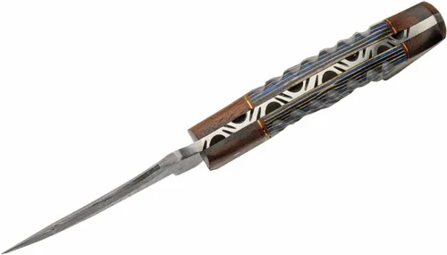Vista 3 de SANZ - Cuchillo de caza de rinoceronte de Damasco de 8 pulgadas, cuchillo de campamento azul con mango de madera, hoja de espiga completa y funda